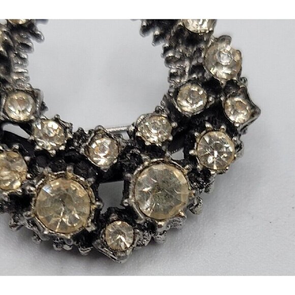 Vintage Clear Rhinestone Crescent Moon Brooch Pin Huge Sparkle Gun Metal Grey - Picture 4 of 5